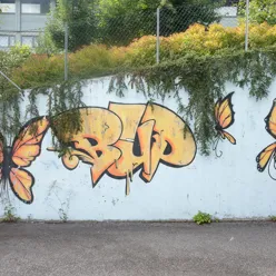 Tagging av ordet BUP og sommerfugler på muren utenfor inngangen til Betanien barne- og ungdomspsykiatriske poliklinikk.