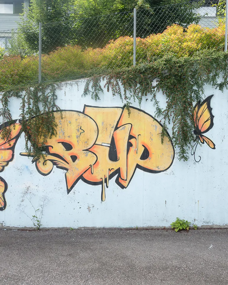 Tagging av ordet BUP og sommerfugler på muren utenfor inngangen til Betanien barne- og ungdomspsykiatriske poliklinikk.